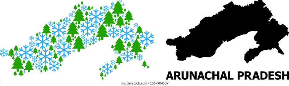 Vector mosaic map of Arunachal Pradesh State combined for New Year, Christmas, and winter. Mosaic map of Arunachal Pradesh State is composed from snow and fir forest.