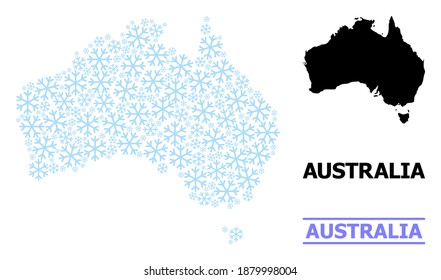 Vector mosaic map of Australia combined for New Year, Christmas celebration, and winter. Mosaic map of Australia is made of light blue snow elements.