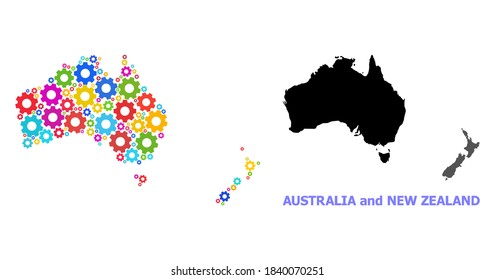 Vector mosaic map of Australia and New Zealand done for engineering. Mosaic map of Australia and New Zealand is done with scattered colored gears. Engineering components in bright colors.