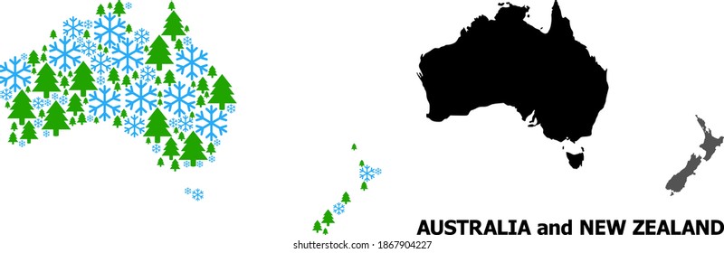 Vector mosaic map of Australia and New Zealand created for New Year, Christmas, and winter. Mosaic map of Australia and New Zealand is created with snowflakes and fir-trees.