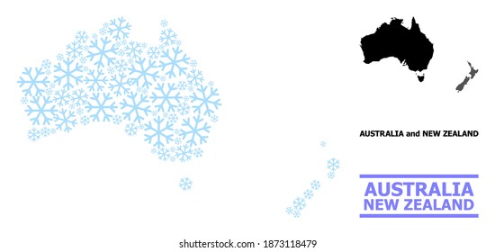 Mapa de mosaicos vectoriales de Australia y Nueva Zelanda combinados para Año Nuevo, Navidad y invierno. El mapa mosaico de Australia y Nueva Zelanda está hecho de elementos de nieve azul claro.