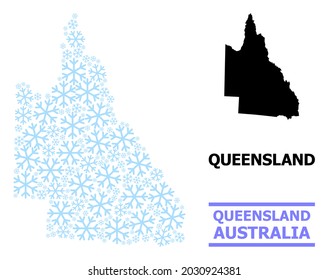 Vector mosaic map of Australian Queensland organized for New Year, Christmas celebration, and winter. Mosaic map of Australian Queensland is created with light blue snow items.