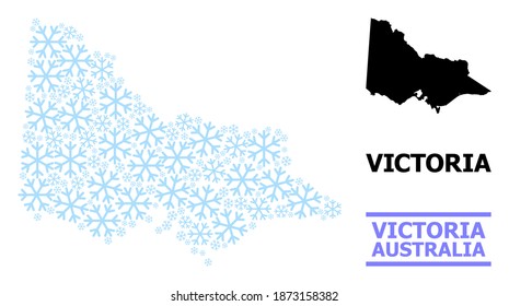 Vektormosaikkarte des australischen Victoria, konstruiert für Neujahr, Weihnachtsfeiern und Winter. Mosaikkarte von Australian Victoria ist mit hellblauen Schneegegenständen gebaut.