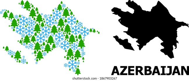 Vector mosaic map of Azerbaijan done for New Year, Christmas, and winter. Mosaic map of Azerbaijan is done with snow flakes and fir forest.