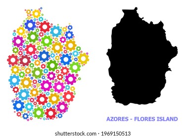 Vector mosaic map of Azores - Flores Island constructed for workshops. Mosaic map of Azores - Flores Island is constructed with randomized colorful wheels. Engineering components in bright colors.