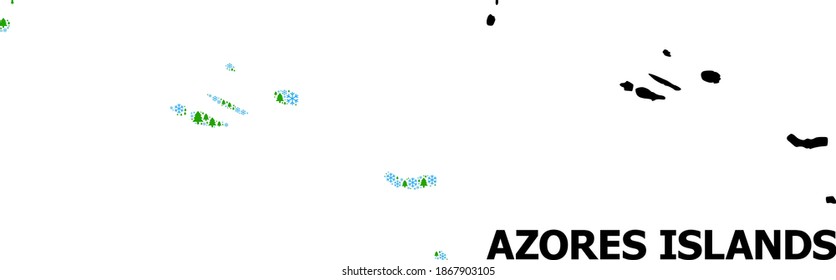 Vector mosaic map of Azores Islands done for New Year, Christmas, and winter. Mosaic map of Azores Islands is constructed of snow flakes and fir forest.