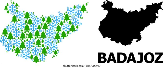 Vector mosaic map of Badajoz Province combined for New Year, Christmas, and winter. Mosaic map of Badajoz Province is shaped from snowflakes and fir-trees.