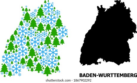 Vector mosaic map of Baden-Wurttemberg State combined for New Year, Christmas, and winter. Mosaic map of Baden-Wurttemberg State is designed from snowflakes and fir forest.