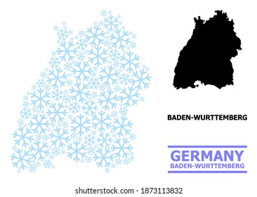 Vector mosaic map of Baden-Wurttemberg State done for New Year, Christmas celebration, and winter. Mosaic map of Baden-Wurttemberg State is made with light blue snow elements.