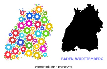 Vector mosaic map of Baden-Wurttemberg State done for mechanics. Mosaic map of Baden-Wurttemberg State is made from randomized bright wheels. Engineering items in bright colors.