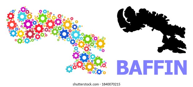 Vector mosaic map of Baffin Island constructed for engineering. Mosaic map of Baffin Island is constructed of random bright wheels. Engineering components in bright colors.