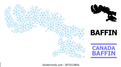 Mapa vectorial de mosaico de la isla Baffin creado para Año Nuevo, celebración de Navidad e invierno. El mapa mosaico de la isla de Baffin está organizado con elementos de nieve azul claro.