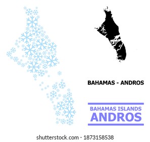 Vector mosaic map of Bahamas - Andros Island created for New Year, Christmas celebration, and winter. Mosaic map of Bahamas - Andros Island is created from light blue snow items.