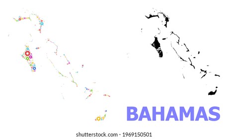 Vector mosaic map of Bahamas Islands created for engineering. Mosaic map of Bahamas Islands is made with randomized bright wheels. Engineering items in bright colors.