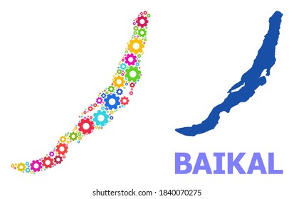 Vector mosaic map of Baikal organized for industrial apps. Mosaic map of Baikal is organized with randomized multi-colored gears. Engineering items in bright colors.
