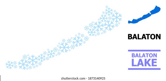 Vector mosaic map of Balaton Lake created for New Year, Christmas celebration, and winter. Mosaic map of Balaton Lake is created with light blue ice crystals.