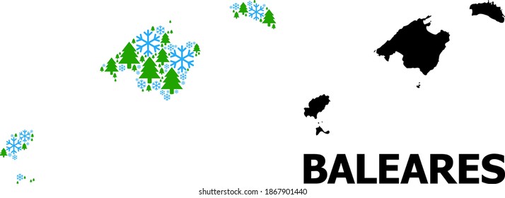 Vector mosaic map of Baleares Province organized for New Year, Christmas, and winter. Mosaic map of Baleares Province is organized from snow and fir-trees.