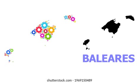 Vector mosaic map of Baleares Province done for services. Mosaic map of Baleares Province is done from random bright cogs. Engineering components in bright colors.