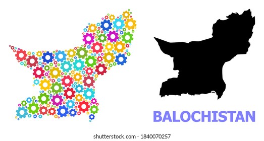 Vektormosaikkarte der Provinz Balochistan für Dienstleistungen. Die Mosaikkarte der Provinz Balochistan besteht aus randomisierten, hellen Käfern. Ingenieurskomponenten in hellen Farben.