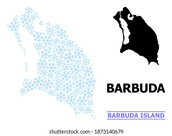 Vector mosaic map of Barbuda Island constructed for New Year, Christmas celebration, and winter. Mosaic map of Barbuda Island is done with light blue snow items.