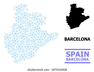 Mapa vectorial de mosaico de la provincia de Barcelona diseñado para Año Nuevo, Navidad y invierno. El mapa mosaico de la provincia de Barcelona está organizado con cristales de hielo azul claro.