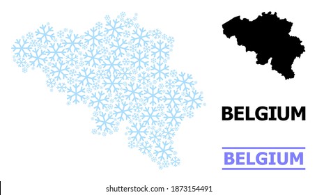 Vektormosaikkarte von Belgien für Neujahr, Weihnachtsfeiern und Winter. Die Mosaikkarte von Belgien besteht aus hellblauem Schnee.
