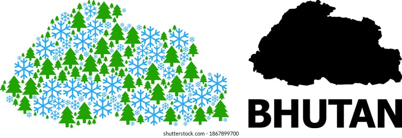 Vector mosaic map of Bhutan combined for New Year, Christmas, and winter. Mosaic map of Bhutan is shaped with snow and fir-trees. Winter related items are grouped into abstract mosaic map of Bhutan.