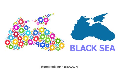 Mapa de mosaico vectorial del Mar Negro diseñado para aplicaciones industriales. El mapa mosaico del Mar Negro se crea con tazas multicolores al azar. Artículos de ingeniería de colores vivos.