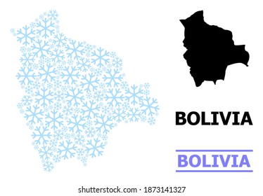 Vector mosaic map of Bolivia combined for New Year, Christmas celebration, and winter. Mosaic map of Bolivia is designed of light blue snow parts.