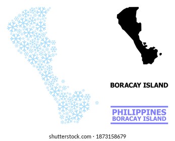 Vektormosaikkarte der Insel Boracay, konstruiert für Neujahr, Weihnachtsfeiern und Winter. Die Mosaikkarte der Insel Boracay ist mit hellblauen Schneeflocken gebaut.