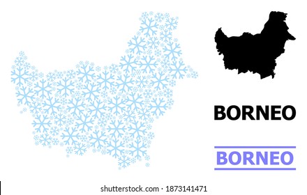 Vector mosaic map of Borneo Island created for New Year, Christmas celebration, and winter. Mosaic map of Borneo Island is organized from light blue snowflakes.