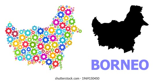 Vector mosaic map of Borneo Island designed for workshops. Mosaic map of Borneo Island is designed with random bright gears. Engineering items in bright colors.