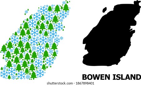 Vector mosaic map of Bowen Island done for New Year, Christmas, and winter. Mosaic map of Bowen Island is done from snow flakes and fir trees.
