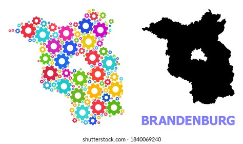Mapa de mosaicos vectoriales del estado de Brandenburgo diseñado para mecánica. El mapa mosaico del estado de Brandenburgo se construye a partir de artes luminosas y aleatorias. Componentes de ingeniería en colores brillantes.