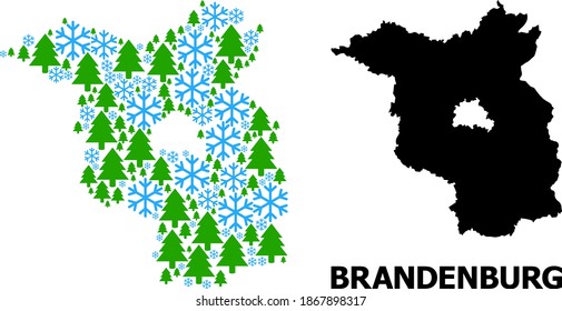 Vector mosaic map of Brandenburg State organized for New Year, Christmas, and winter. Mosaic map of Brandenburg State is organized of snowflakes and fir-trees.