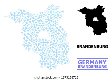 Mapa vectorial del estado de Brandenburgo diseñado para Año Nuevo, Navidad y invierno. El mapa mosaico del estado de Brandenburgo está construido con elementos de nieve azul claro.