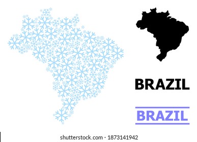Vector mosaic map of Brazil designed for New Year, Christmas celebration, and winter. Mosaic map of Brazil is shaped of light blue snowflakes. Design elements for patriotic and New Year applications.