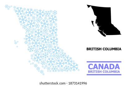Vector mosaic map of British Columbia Province organized for New Year, Christmas celebration, and winter. Mosaic map of British Columbia Province is organized from light blue snow parts.