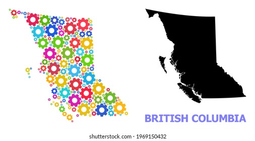 Vector mosaic map of British Columbia Province organized for engineering. Mosaic map of British Columbia Province is done from random colored gear wheels. Engineering items in bright colors.