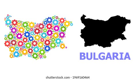 Vector mosaic map of Bulgaria done for engineering. Mosaic map of Bulgaria is constructed of randomized colored wheels. Engineering items in bright colors.
