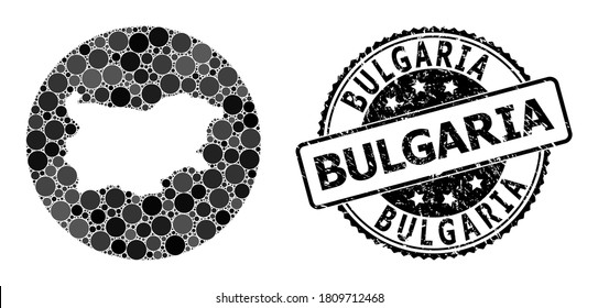 Vector mosaic map of Bulgaria with round blots, and gray watermark seal stamp. Hole round map of Bulgaria collage created with circles in various sizes, and dark gray color tinges.