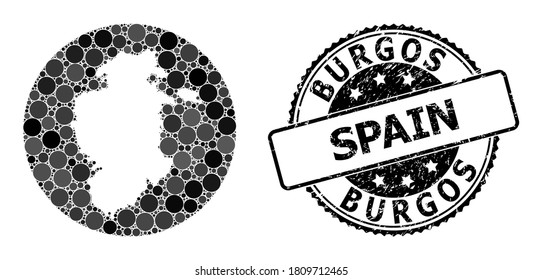 Vector mosaic map of Burgos Province with round elements, and grey rubber stamp. Subtraction round map of Burgos Province collage created with circles in various sizes, and dark grey color tints.