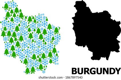 Mapa de mosaicos vectoriales de la provincia de Borgoña diseñado para Año Nuevo, Navidad e invierno. El mapa mosaico de la provincia de Borgoña está compuesto por copos de nieve y bosques de abetos.