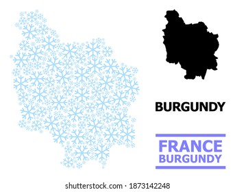 Mapa vectorial de mosaico de la provincia de Borgoña organizado para Año Nuevo, celebración de Navidad e invierno. El mapa mosaico de la provincia de Borgoña se crea con elementos de nieve azul claro.