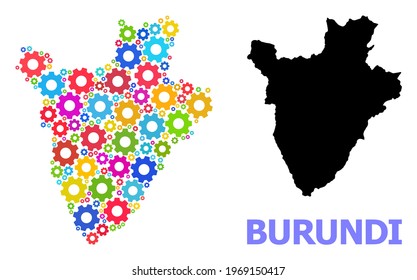 Vector mosaic map of Burundi designed for engineering. Mosaic map of Burundi is designed from random multi-colored wheels. Engineering components in bright colors.