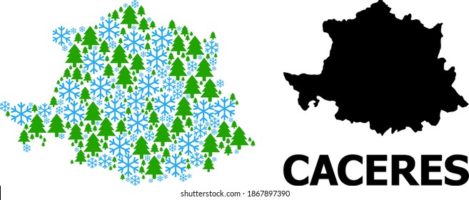 Vector mosaic map of Caceres Province combined for New Year, Christmas, and winter. Mosaic map of Caceres Province is designed of snow and fir-trees.