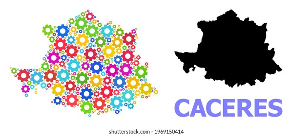 Vector mosaic map of Caceres Province created for engineering. Mosaic map of Caceres Province is composed with scattered bright gears. Engineering components in bright colors.