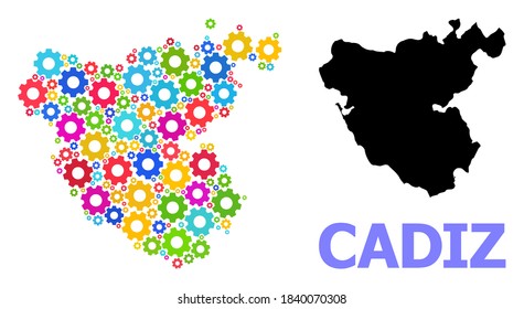 Vector mosaic map of Cadiz Province created for industrial apps. Mosaic map of Cadiz Province is created from scattered colored gears. Engineering items in bright colors.