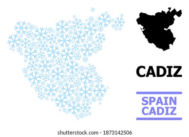 Vector mosaic map of Cadiz Province done for New Year, Christmas celebration, and winter. Mosaic map of Cadiz Province is designed from light blue snow items.