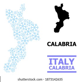 Vector mosaic map of Calabria region organized for New Year, Christmas celebration, and winter. Mosaic map of Calabria region is organized from light blue snow elements.